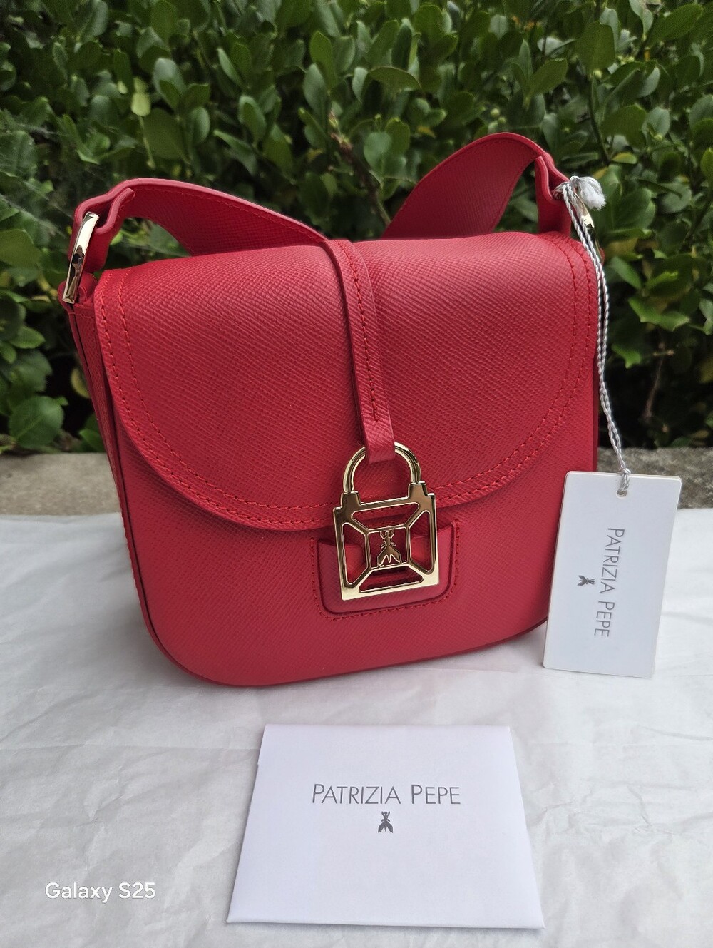 Patrizia Pepe Red Leather Crossbody Bag with Gold Buckle Accent